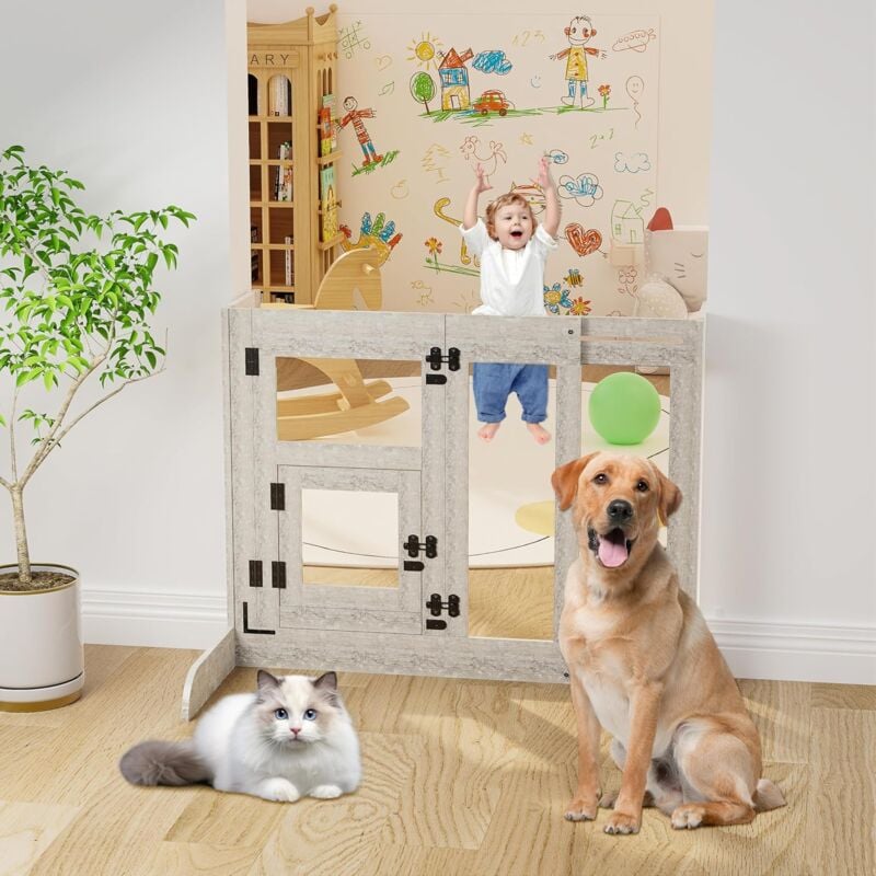 foto del prodotto cancello per cani estensibile cancelletto sicurezza 77,5 107cm porta retrattile per cani bambini alto 80cm, in legno e vetro temperato bingopaw
