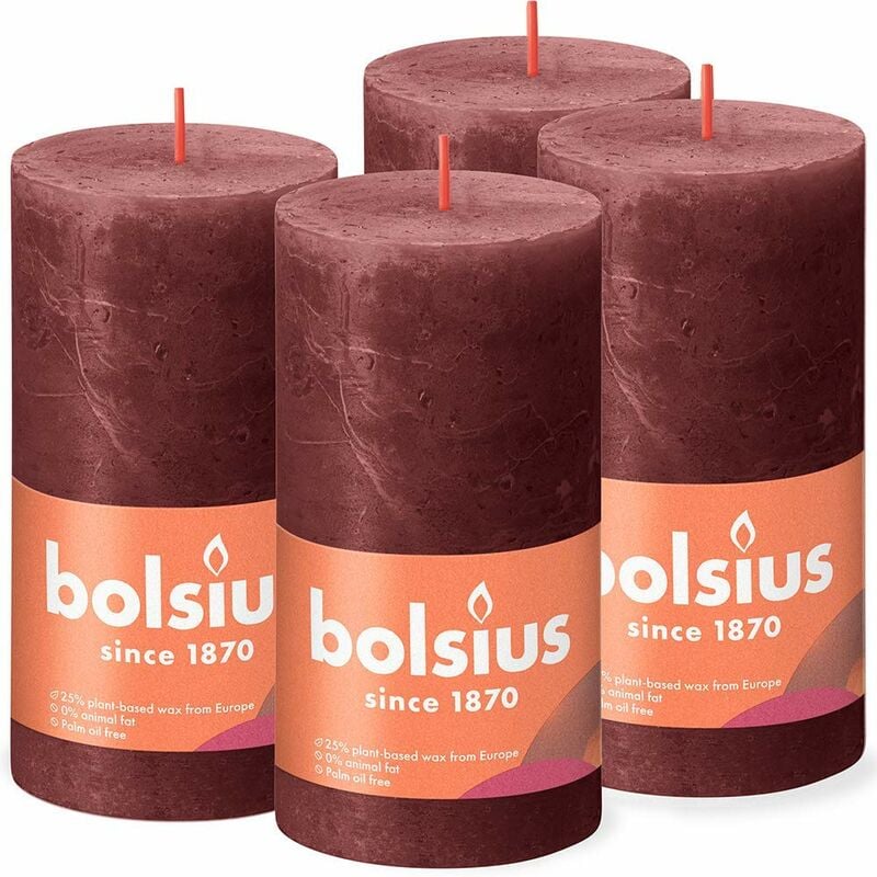 foto del prodotto candela rustica a pilastro rosso scuro 13 x 7 cm confezione da 4 lunga durata di 60 ore non profumate cera vegana naturale senza olio