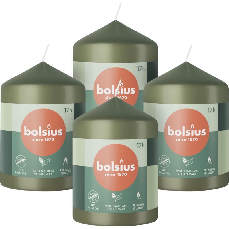 foto del prodotto candele a colonna colore verde confezione da 4 8 x 6 cm lunga durata di 17 ore non profumate cera vegana naturale senza olio di palma