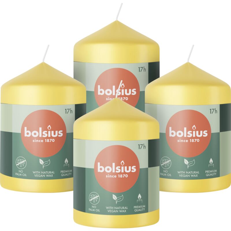 foto del prodotto candele a pilastro, colore giallo, confezione da 4, 8 x 6 cm, lunga durata di 17 ore, non profumate, include cera vegana naturale, senza olio di