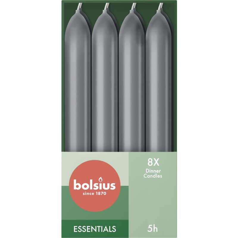 foto del prodotto candele affusolate per cena – antracite – confezione da 8 – 17 cm – lunga durata di 5 ore – non profumate – cera vegana naturale – antigoccia – senza olio di palma - bolsius