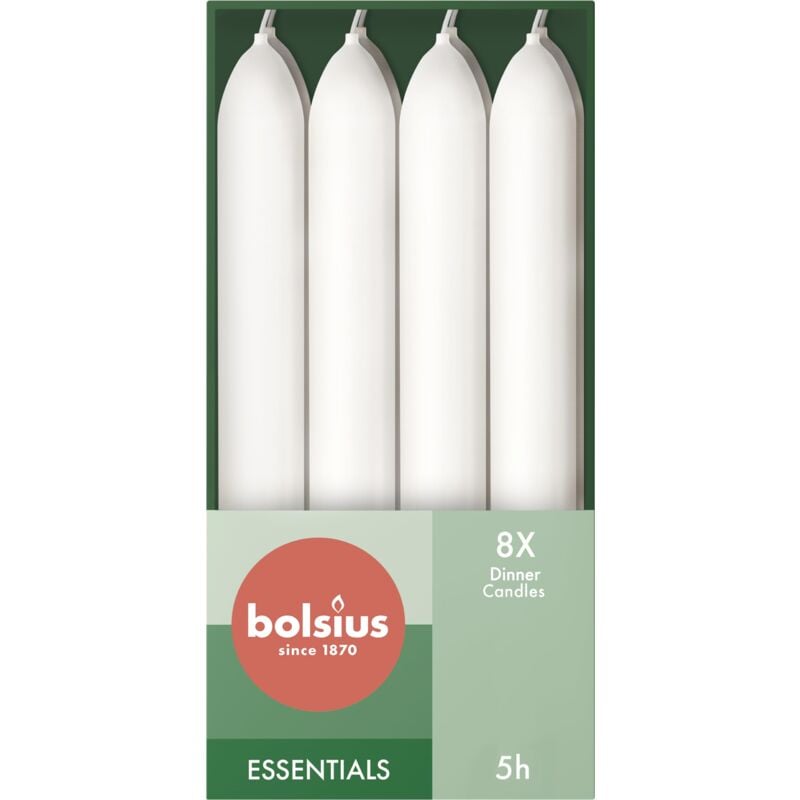 foto del prodotto candele affusolate per cena – bianco – confezione da 8' – 17 x 2 cm – lunga durata di 5 ore – cera vegana naturale – senza gocciolamento – senza olio di palma - bolsius