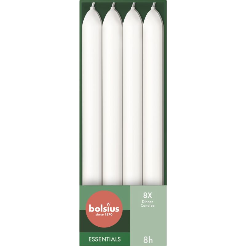 foto del prodotto candele da tavola affusolate bianco confezione da 8 23 cm lunga durata di 8 ore inodore cera vegana naturale antigoccia senza olio di