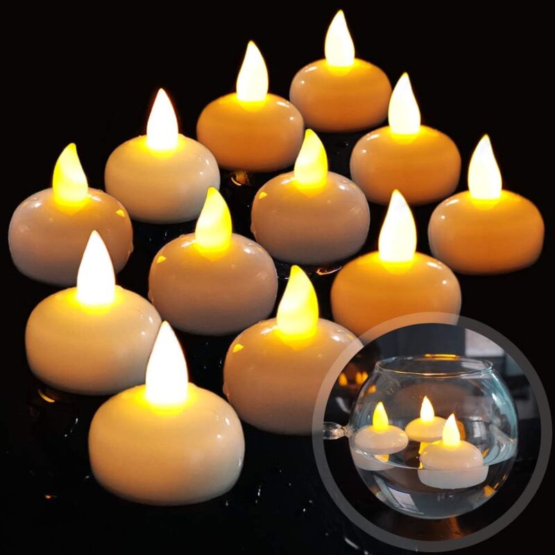 foto del prodotto candele galleggianti a 12 led senza fiamma, lucine led tremolanti impermeabili a batteria che galleggiano sull acqua per matrimoni, feste,