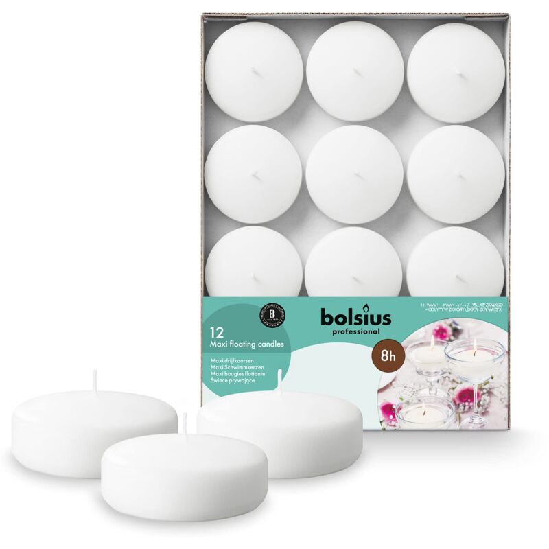 foto del prodotto candele galleggianti maxi bianco 12 pezzi in una scatola 7,6 cm tempo di combustione 8 ore senza profumo cera paraffina candela