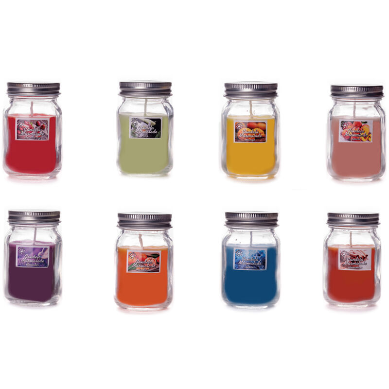 foto del prodotto candele profumate in barattolo di vetro modello marmalade in varie fragranze, misuracandelacolorepesca