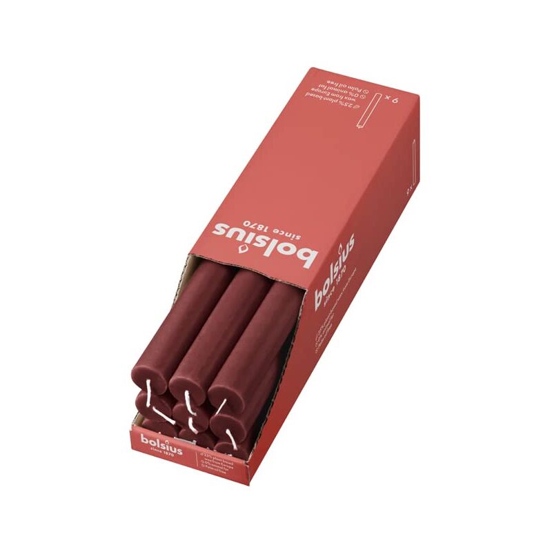 foto del prodotto candele rustiche a bastoncino rosso bordeaux 9 pezzi 27 x 2,3 cm lunghezza durata 13 ore non profumate contiene cera vegetale naturale 
