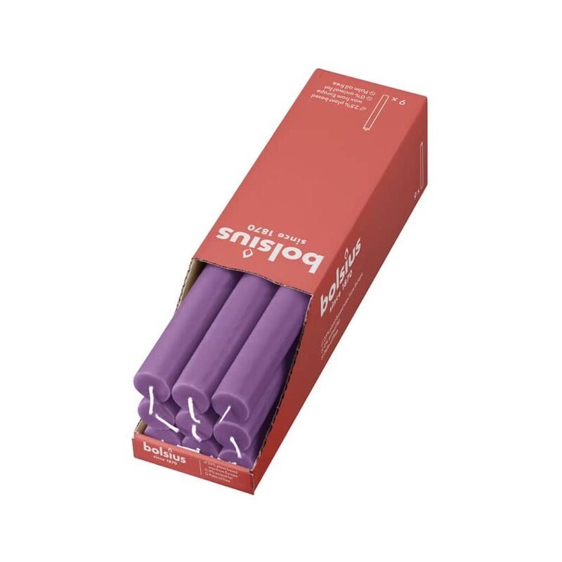 foto del prodotto candele rustiche viola 9 pezzi 27 x 2,3 cm lunghezza durata 13 ore non profumate cera vegetale naturale senza olio di palma - bolsius