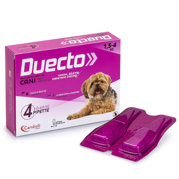 foto del prodotto candioli pharma duecto spot on 4 pipette per cani 1,5 4 kg antiparassitario per cani 1 ordine scegli lo sconto bzr5 bzr20 200 punti fedelt 
