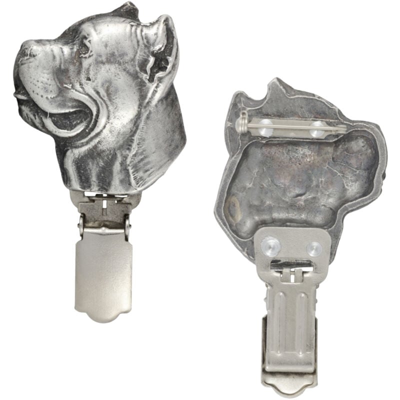 foto del prodotto cane corso italiano spilla con clip, porta numero di partenza, distintivo argentato per esposizioni canine di art dog