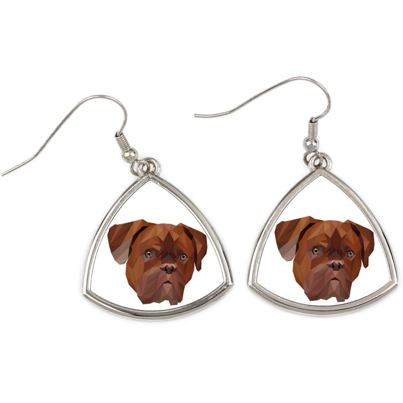 foto del prodotto cane di bordeaux, dogue de bordeaux, mastino francese orecchini con una foto e una scritta geometrica cane art dog