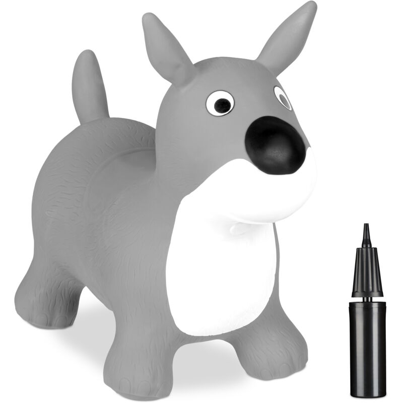 foto del prodotto cane gonfiabile per bambini, animale saltellante, max. 50 kg, senza bpa, 3 anni, pompa manuale, grigio bianco relaxdays