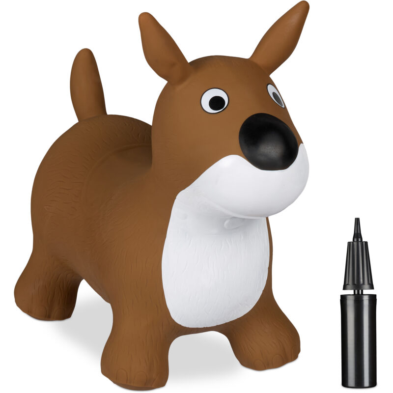 foto del prodotto cane gonfiabile per bambini, animale saltellante, max. 50 kg, senza bpa, 3 anni, pompa manuale, marrone bianco relaxdays