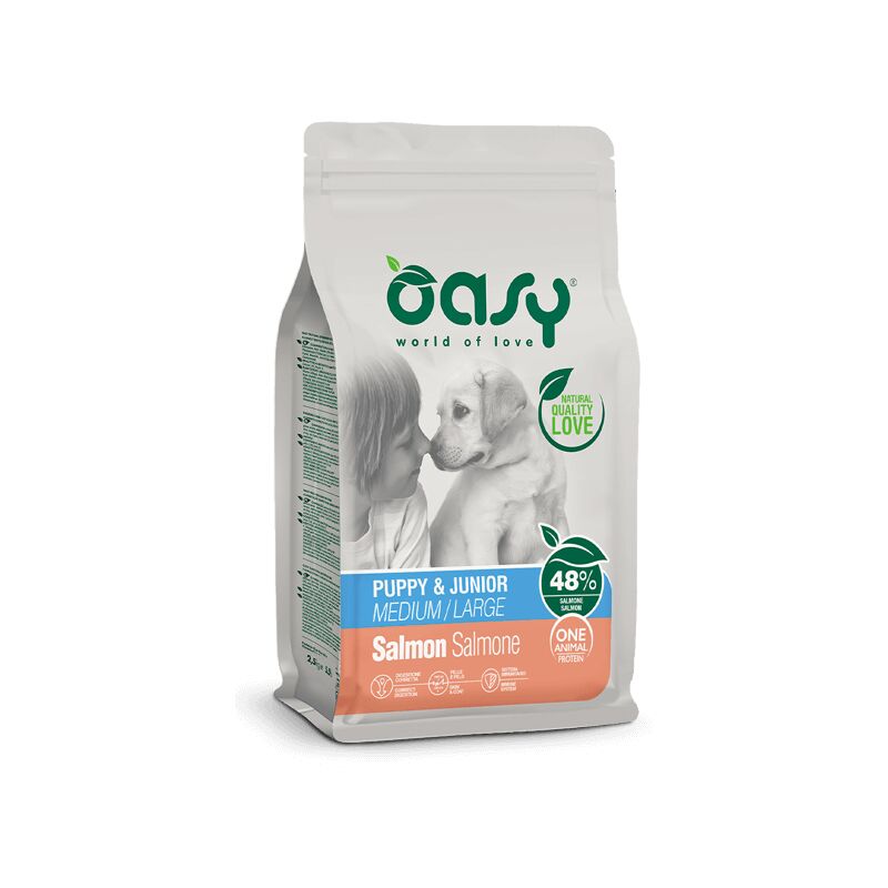foto del prodotto cane puppy medium large con salmone 2,5 12 kg oasy size 12 kg