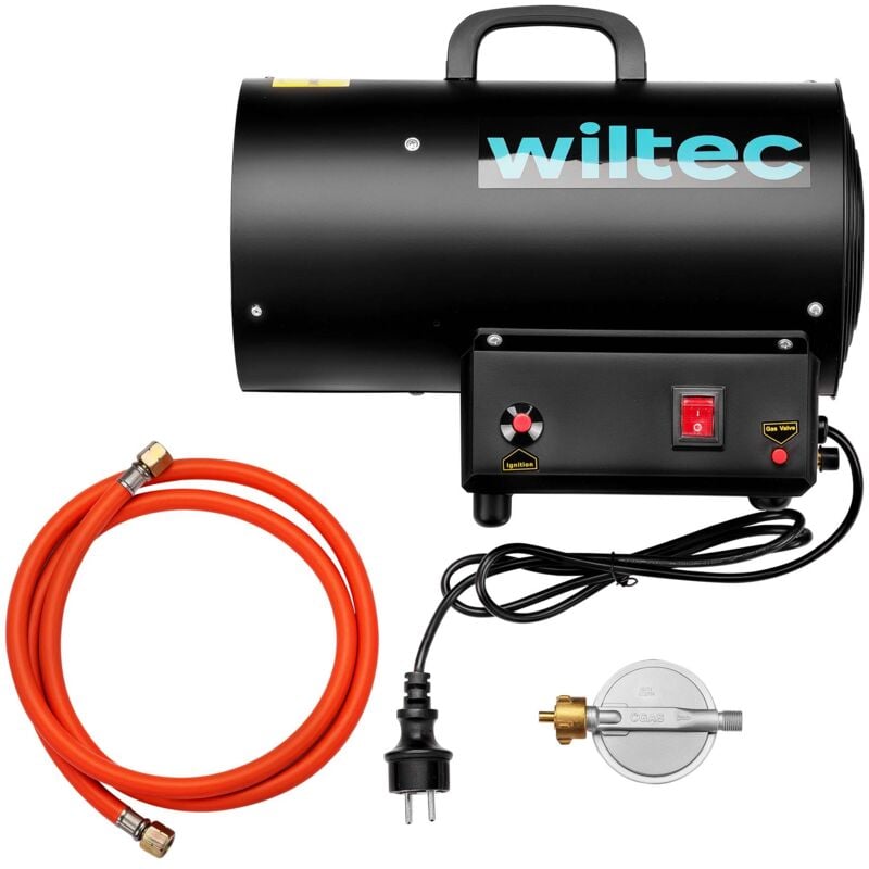 foto del prodotto cannone aria calda a gas gpl, con avviamento piezoelettrico, regolatore e tubo 1,5 m, generatore calore wiltec