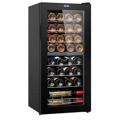 foto del prodotto cantinetta per vini portabottiglie capienza 32 bottiglie, frigo per vini doppia zona doppia temperatura, conservazione di vini rossi e bianchi, porta