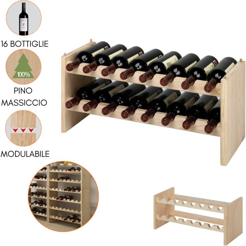 foto del prodotto cantinetta portabottiglie legno 16 posti scaffale impilabile cantina porta bottiglie cm 68x27x30 brown