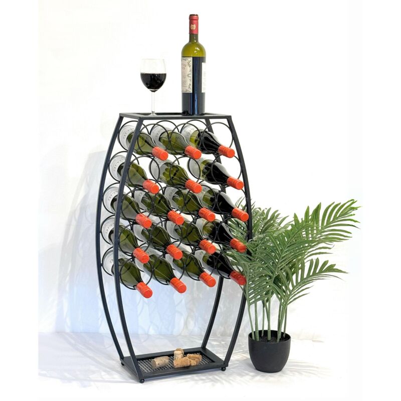 foto del prodotto cantinetta vino metallo nero 83 cm 96640 portabottiglie per 18 bottiglie portavino decorativo con design a botte scaffale per bottiglie con ripiano