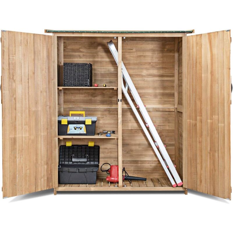 foto del prodotto capanno da giardino, ripostiglio da esterno con 2 porte e ripiani, casetta porta attrezzi in legno con serratura, 140 x 50 x 162 cm costway