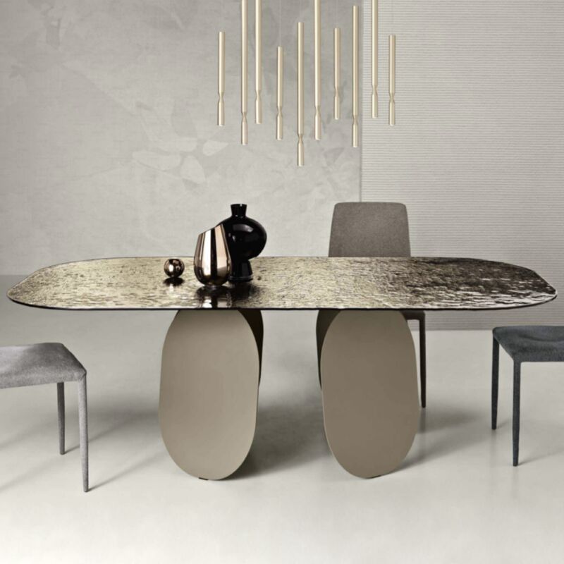 foto del prodotto capodarte - tavolo rettangolare con base in metallo beige e piano in vetro bronzo - maya210