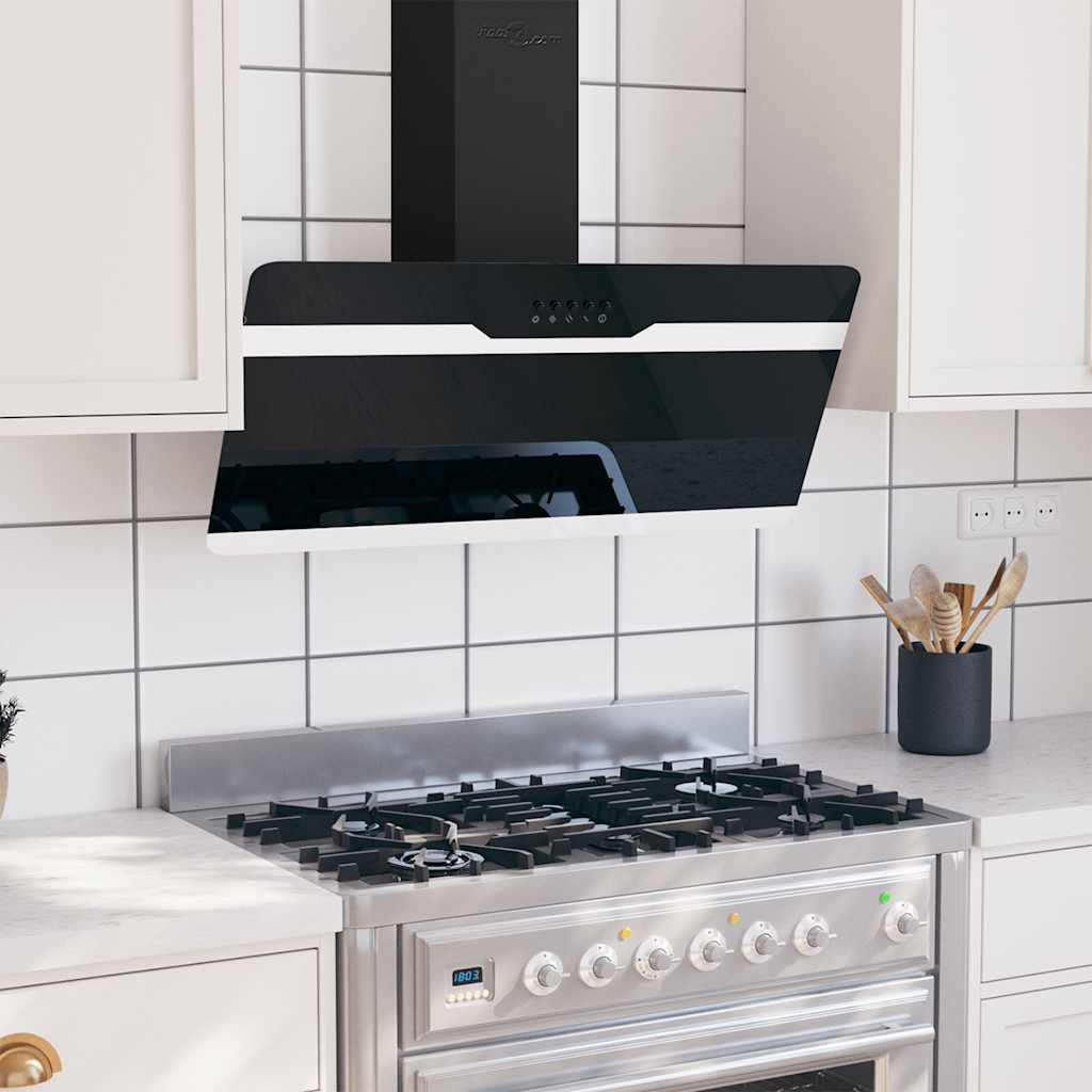 foto del prodotto cappa a parete 90 cm in acciaio e vetro temperato nero cod mxl 12681