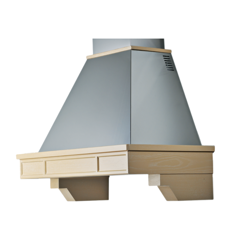 foto del prodotto cappa aspirante bridge in acciaio inox silver e cornice in legno intarsio cm 90