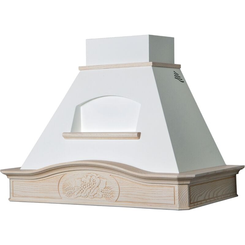 foto del prodotto cappa aspirante dsire in acciaio inox bianco e cornice in legno intarsio cm 120