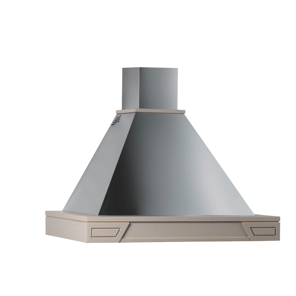 foto del prodotto cappa aspirante ginevra in acciaio inox silver e cornice in legno intarsio cm 120