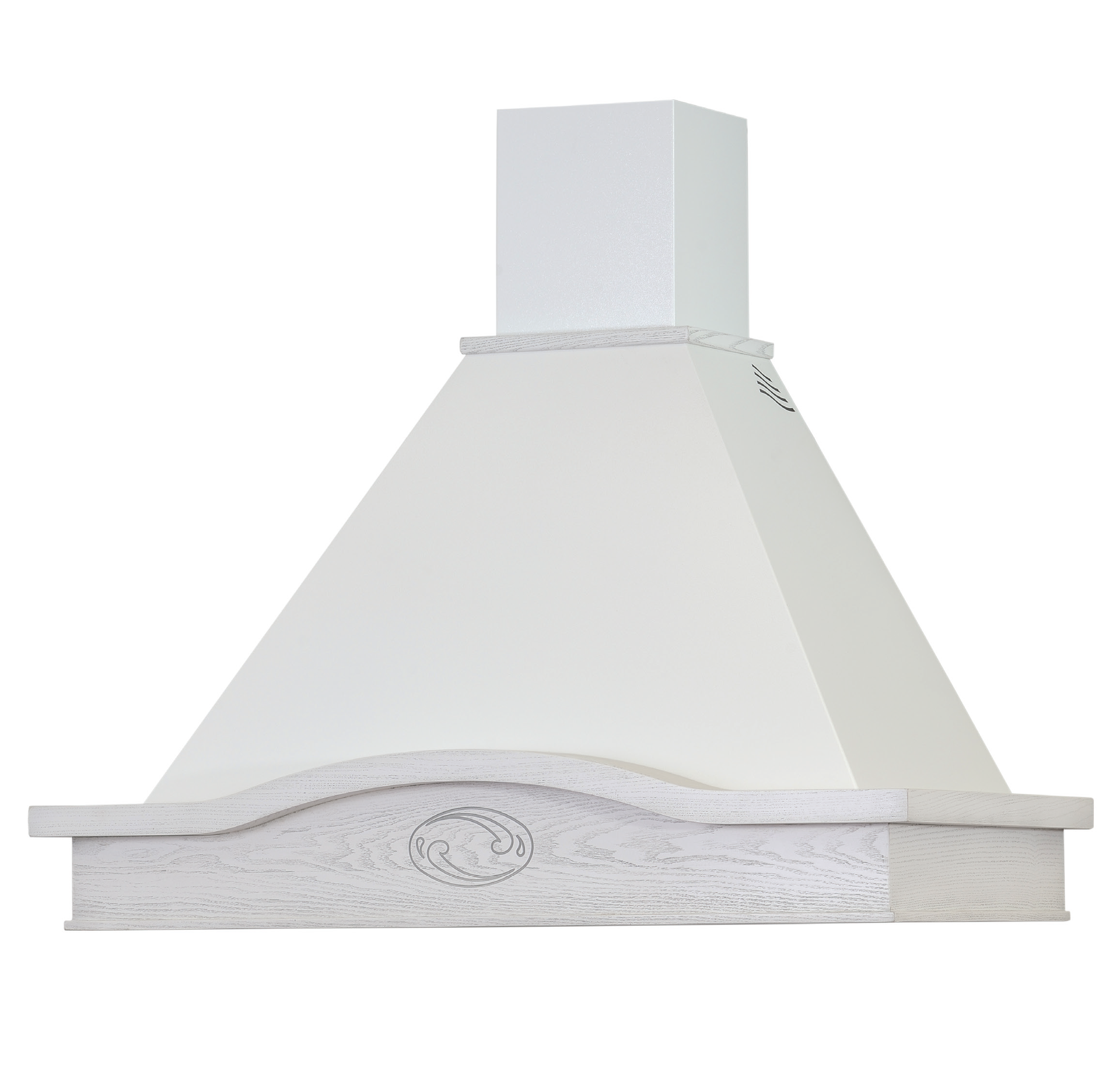 foto del prodotto cappa aspirante lucrezia in acciaio inox bianca e cornice in legno intarsio cm 120