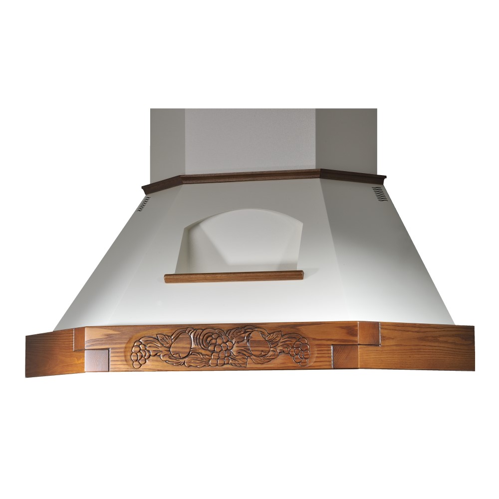 foto del prodotto cappa cucina angolo rustica noce evita epoque con cornice in legno intarsio cm 100x100