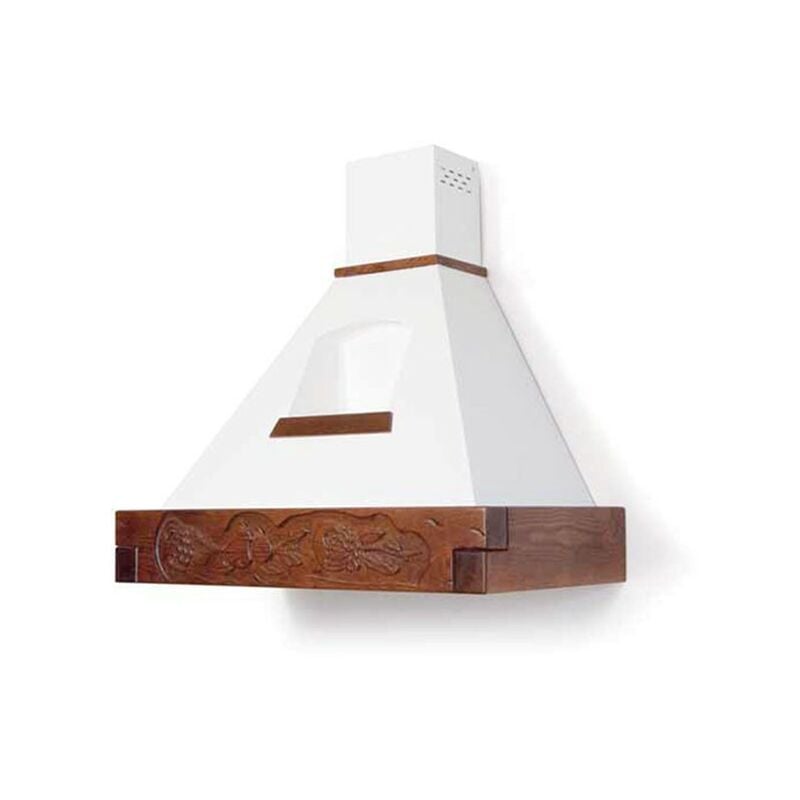 foto del prodotto cappa cucina rustica bianca epoque con cornice in legno intarsio colore tabacco cm 90