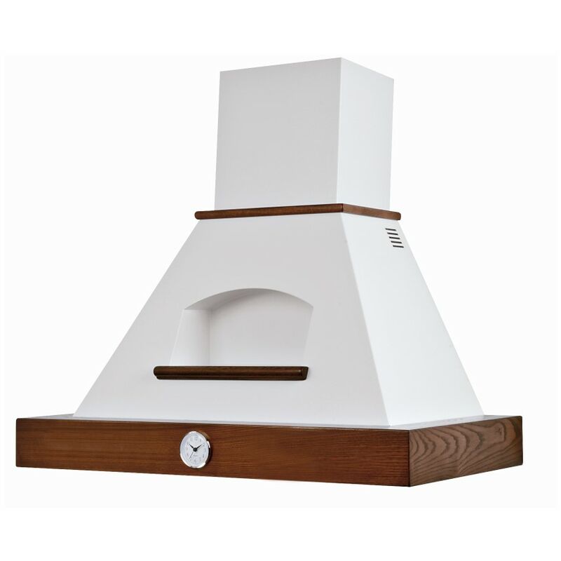 foto del prodotto cappa cucina rustica bianca giada con cornice in legno intarsio comprensivo di orologio cm 90