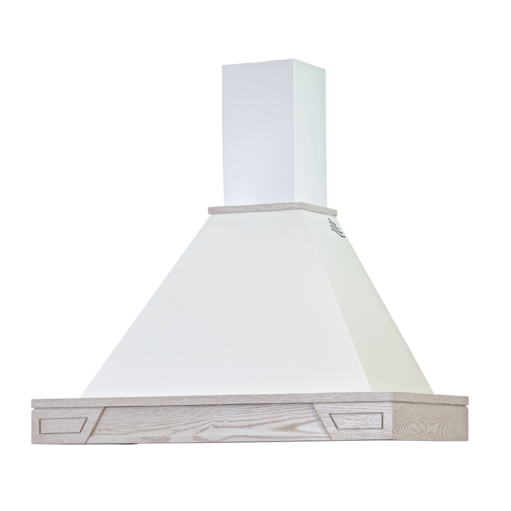 foto del prodotto cappa cucina rustica bianca ginevra con cornice in legno intarsio cm 60