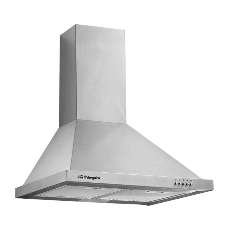 foto del prodotto cappa decorativa in acciaio inox orbegozo. classe energetica b. motore 190 w. 2 filtri. larghezza 60 cm.
