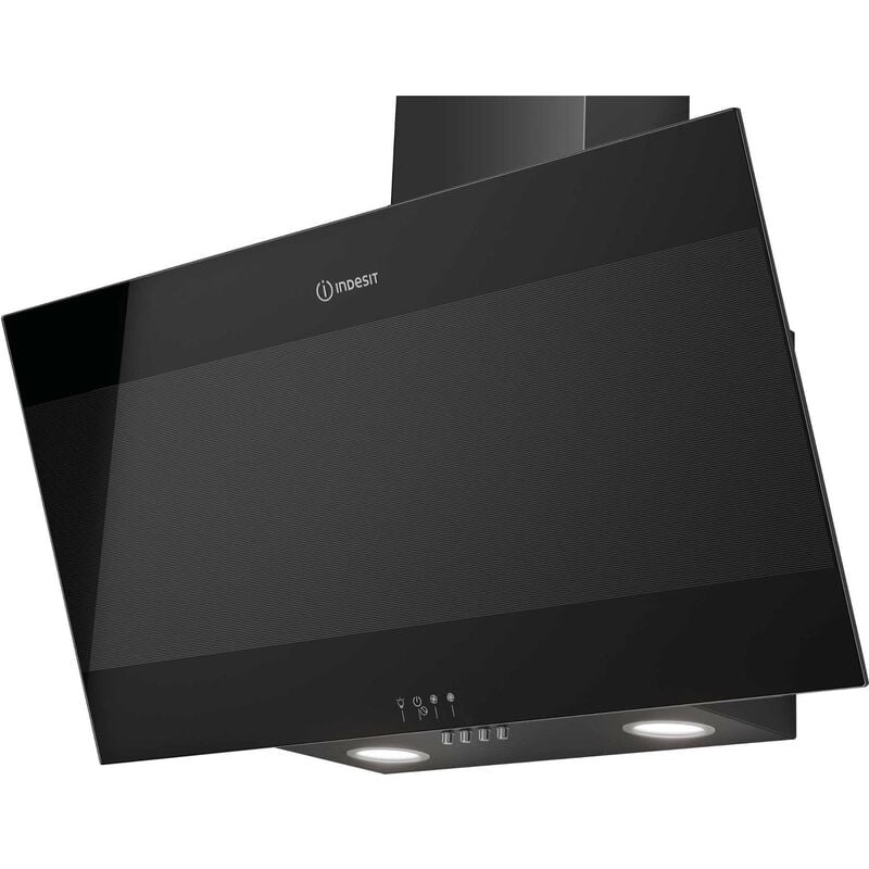 foto del prodotto cappa decorativa inclinata 80cm 647m3 h vetro nero ihvp83flmk indesit