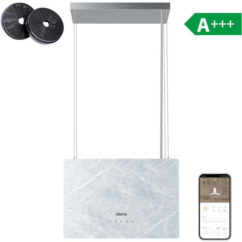 foto del prodotto cappa smart isola 700m3 h booster pulsante touch a marmo bianco e blu cd4850w ciarra