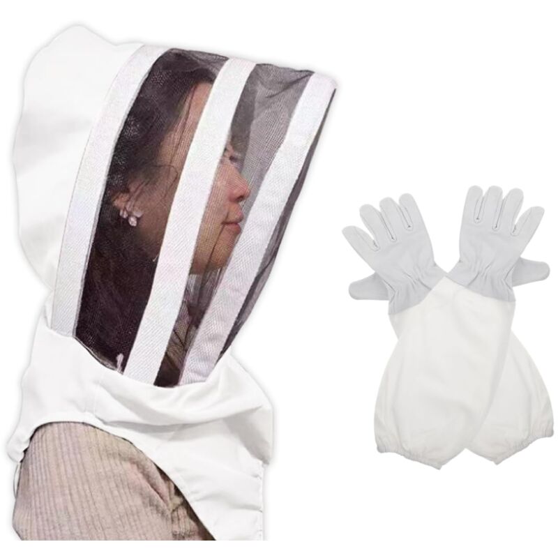 foto del prodotto cappello bianco da apicoltore, velo da apicoltore e guanti da apicoltore con lunga tracolla elastica