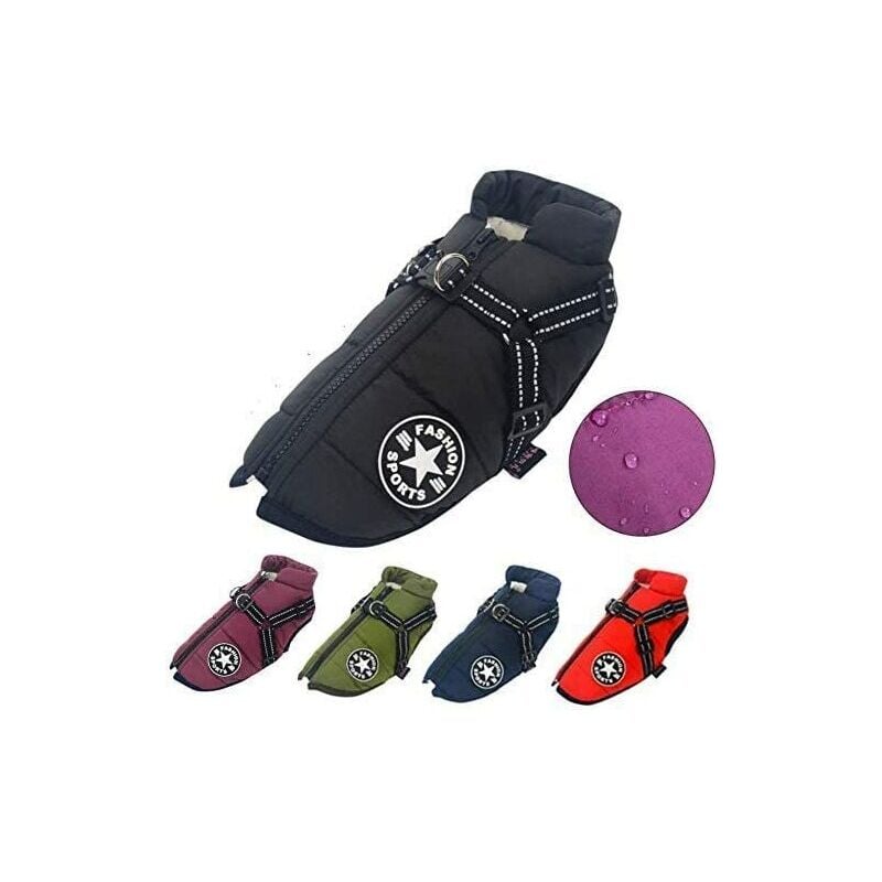 foto del prodotto cappotto per cani impermeabile con pettorina e strisce riflettenti comodo e lavabile in lavatrice nero xxl