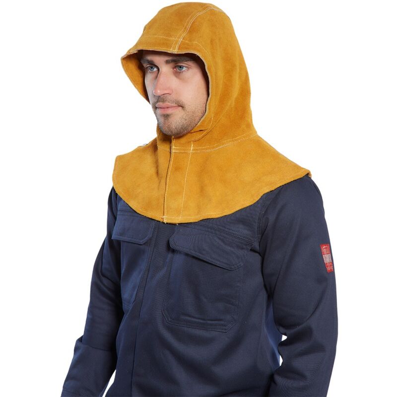 foto del prodotto cappuccio in pelle da saldatore marrone