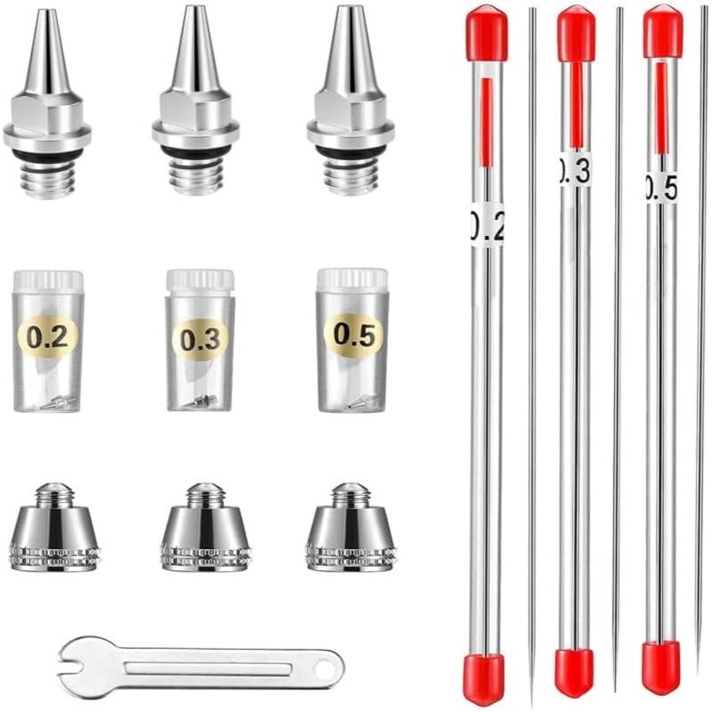 foto del prodotto cappuccio ugello, ago e ugello per aerografo ab130, 0,2 mm, 0,3 mm, 0,5 mm. ricambi per aerografo sollbry