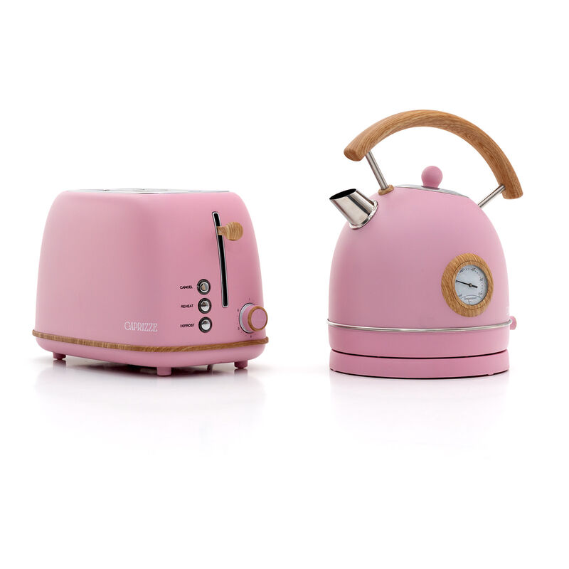 foto del prodotto caprizze pack tostapane kaito con doppia fessura extra ampia e bollitore nara colore rosa opaco con design retro vintage