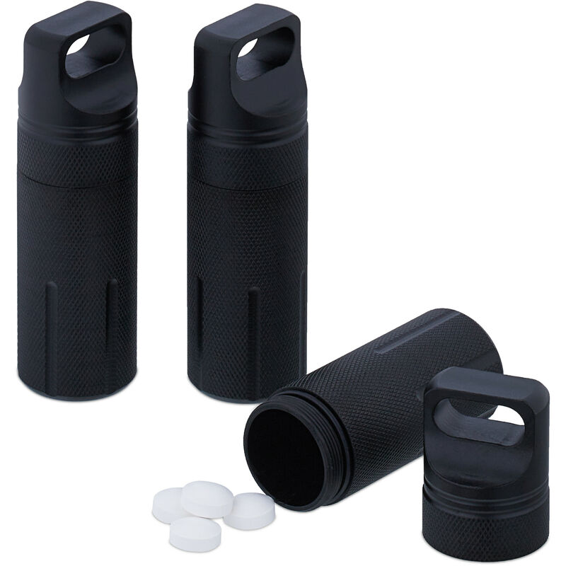 foto del prodotto capsula portapillole, astuccio porta pillole e pastiglie, custodia tascabile da viaggio hxd 9,5 x 3 cm, nero relaxdays