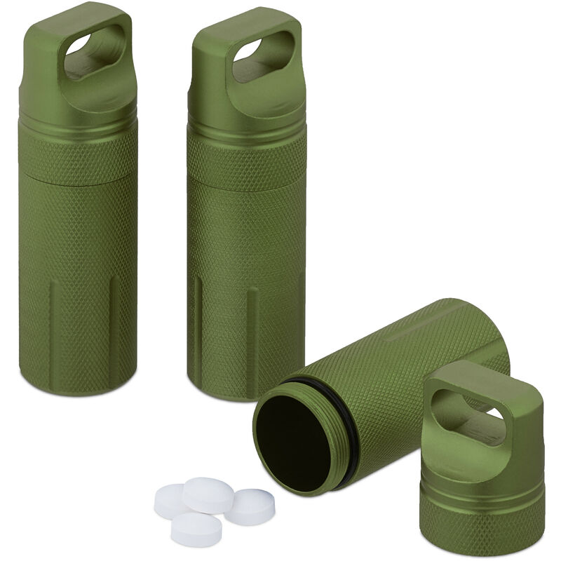 foto del prodotto capsula portapillole, astuccio porta pillole e pastiglie, custodia tascabile da viaggio hxd 9,5 x 3 cm, verde relaxdays