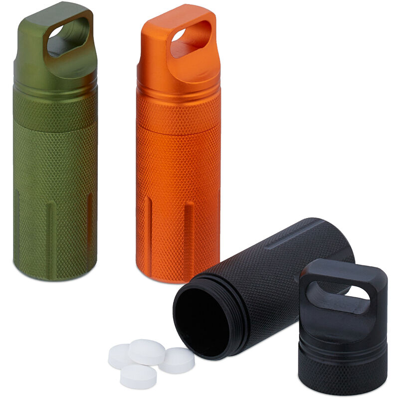foto del prodotto capsula portapillole, astuccio porta pillole, pastiglie, custodia tascabile da viaggio hxd 9,5 x 3 cm, colori relaxdays