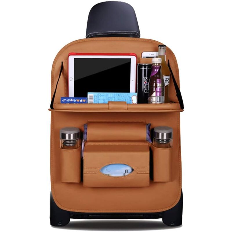 foto del prodotto car organizers kick mats luxury pu leather back seat protector with foldable tablet holder waterproof car organizers storage brown, 1 pack 