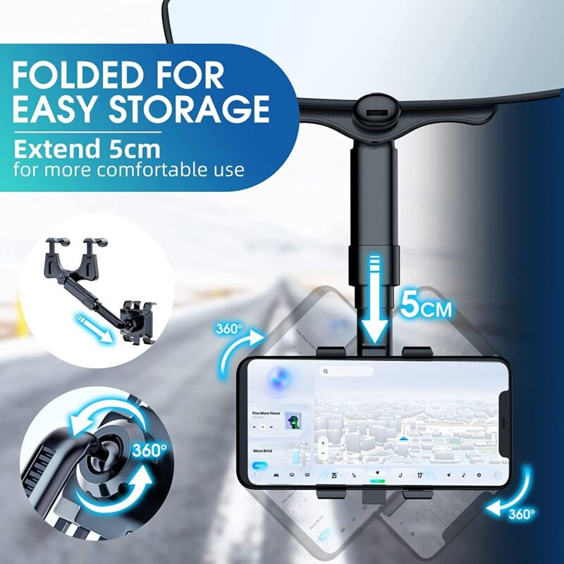 foto del prodotto car phone holder rearview mirror mount, 360multifunctional adjustable universal phone holder,for mobile phone gps navigation rotatable and retractable