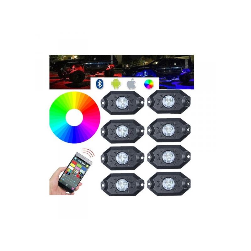 foto del prodotto carall kit mini rgb rock light bluetooth app sensore musica con 8 luci led 12v 24v ip68 sottoscocca per jeep off road suv barca