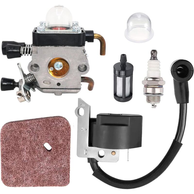 foto del prodotto carburatore con bobina di accensione e pompetta di innesco, filtro dell aria, filtro del carburante per stihl fs38, fs55, fc55, fs45, fs46, km55,