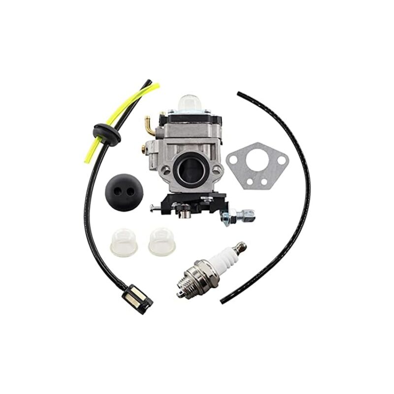 foto del prodotto carburatore con candela, tubo flessibile del carburante, kit filtro carburante per fuxtec timbertech, clacson, mc dillen rotfuchs aram trade tarus