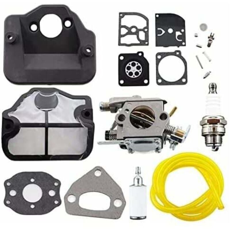 foto del prodotto carburatore con filtro aria, candela e kit di riparazione membrana per motoseghe husqvarna 36, 41, 136, 137, 141, 142, 137e, 142e, sostituisce il modello zama c1q-w29e. dpzo